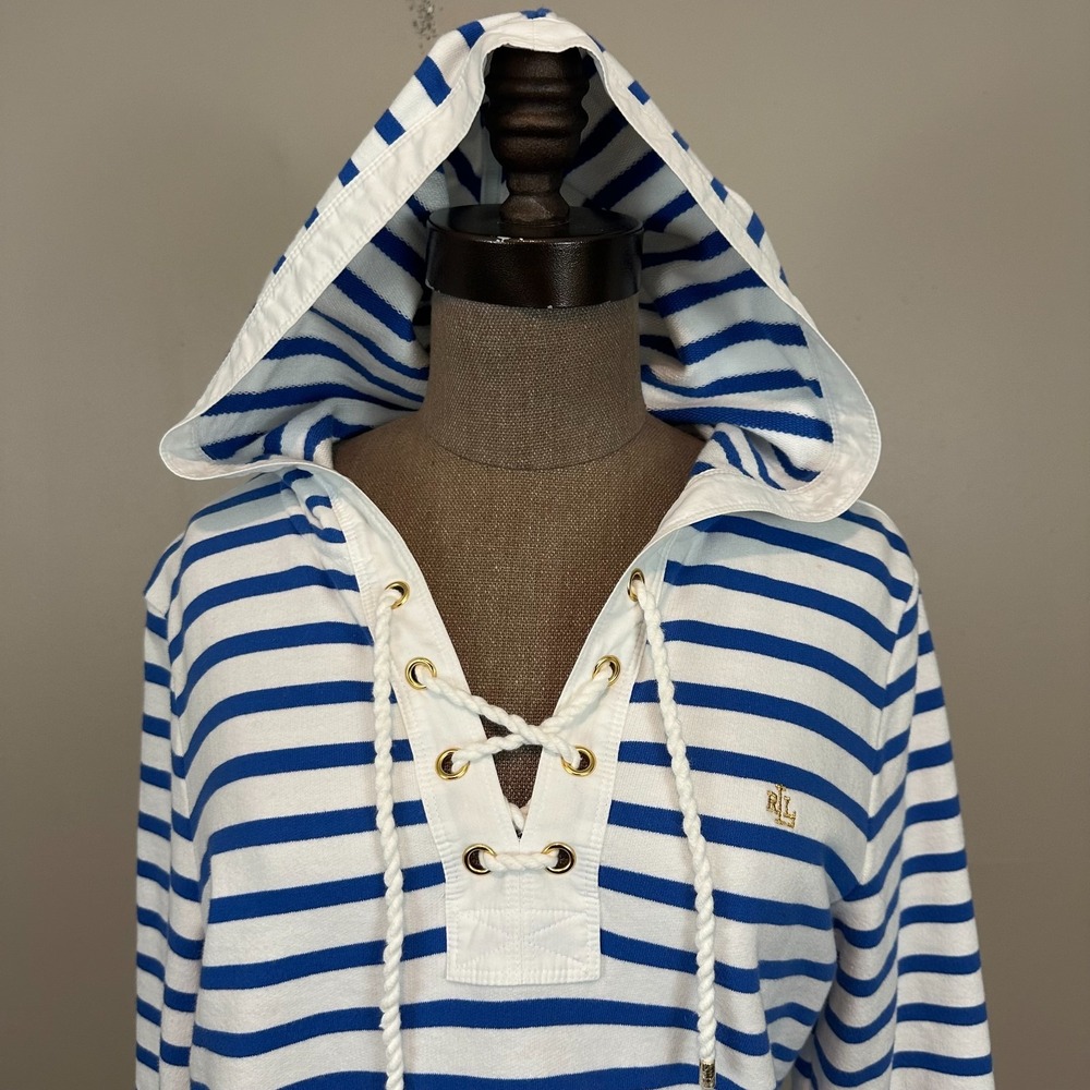 Lauren Ralph Lauren‎ Hoodie Womens Large Petite Blue White Striped Coastal Read